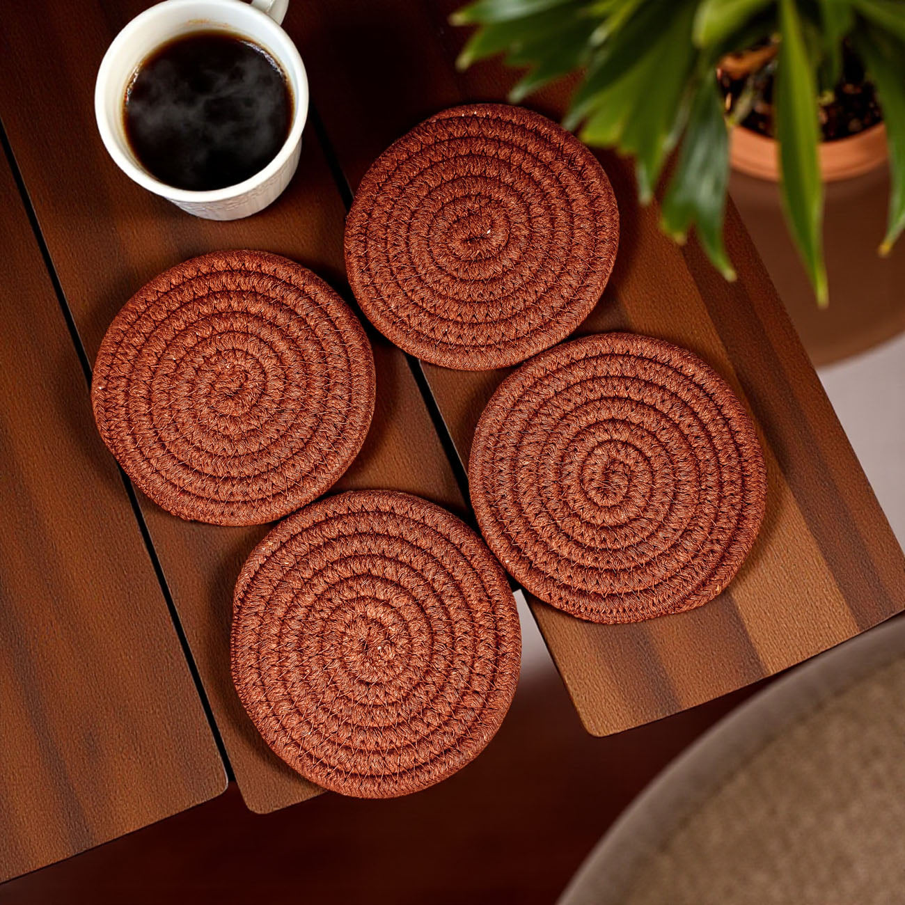 Braided jute coasters neutral colors gift ready 4-pack
Natural fiber coasters braided rope fall autumn gift set
unique home gift for her braided drink coasters